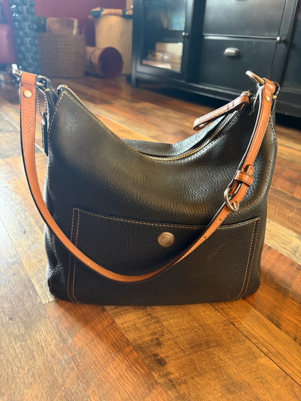 COACH Black Leather Shoulder Bag with Tan Strap